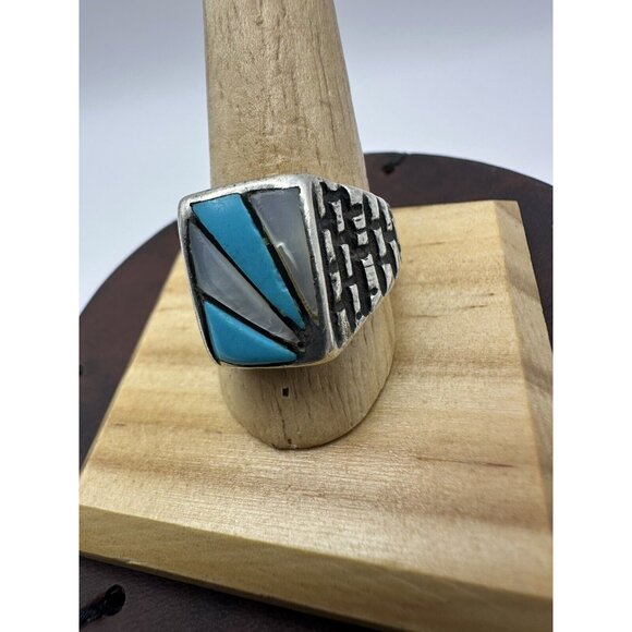 Vintage Navajo Mother of Pearl Turquoise Mens Sterling Silver Ring Size 10 - Picture 3 of 7
